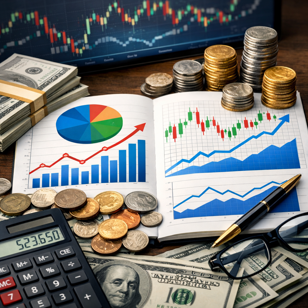 Open notebook with financial charts, stacks of coins, US dollar bills, calculator, pen, and glasses on wooden table